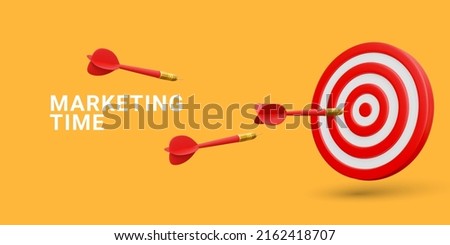 Marketing time concept. Targeting the business. Realistic 3d design red target and dart arrows. Vector illustration