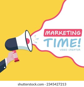 
Marketing time - Male hand holding megaphone. Loudspeaker. Banner for business, marketing and advertising. Vector illustration