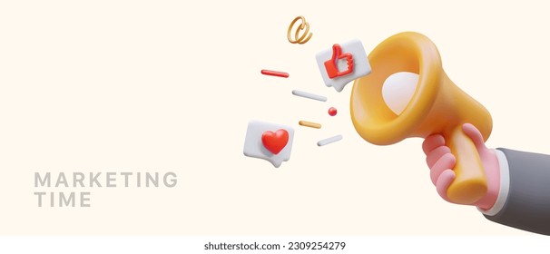 Marketing time. Man hand holds megaphone, from which 3D symbols of comments, likes, reactions fly out. Bright template for important announcement. Modern advertising illustration