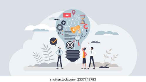 Marketing tips and tricks as advice from smart expert tiny person concept. Professional approach for effective advertisement and promotion campaign to boost brand recognition vector illustration.