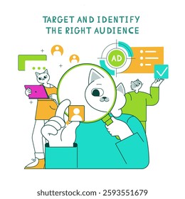 Marketing tools for audience targeting and identification. Engaging visuals depict cats analyzing data, emphasizing importance of understanding audience needs effectively. Vector illustration.