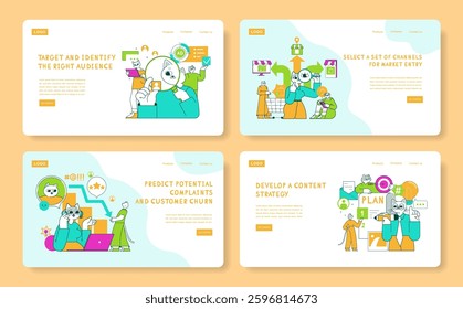 Marketing Tools Cat concept. This illustration emphasizes the process of identifying target audiences and developing effective strategies in marketing. It showcases various marketing techniques