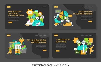 Marketing Tools Cat concept. Visual representation of various marketing tools and strategies for effective communication and customer service. Encourages analytics setup and planning activities