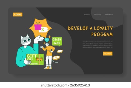 Marketing Tools Cat. Illustration focuses on developing a loyalty program featuring a cat character promoting gift cards and cashbacks. Engaging visual representation of marketing strategies. Vector