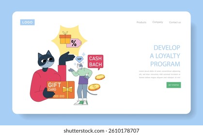 Marketing tools for developing effective loyalty programs. Visual elements include gift cards, cashback offers, and promotional symbols aimed at enhancing customer engagement and retention. Vector