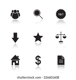 Marketing tools drop shadow icon set. Commercial and business cast shadow silhouettes illustrations isolated on white. Webpage interface items. House and document symbols. Vector infographics elements