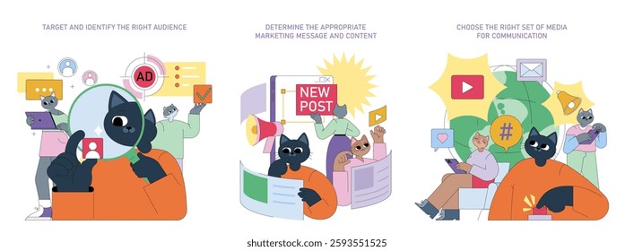 Marketing tools for effective audience engagement. Identify the target audience, craft suitable messages, and select the best communication media to enhance outreach and build relationships. Vector