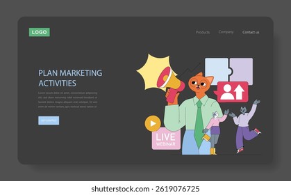 Marketing tools for effective planning and execution of activities. Engaging illustrations highlight the importance of webinars, audience interaction, and creative strategies for growth. Vector