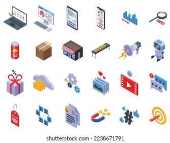 Marketing tools icons set isometric vector. Digital game. User social media