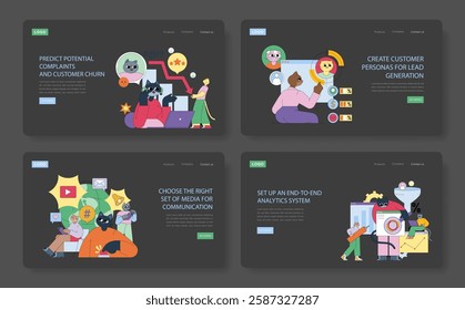 Marketing Tools illustration. A dynamic collection of engaging strategies for enhancing customer relations, generating leads, and utilizing effective communication media for improved analytics. Vector