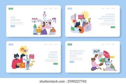 Marketing Tools illustration showcases diverse strategies for effective promotion. It features talent improving customer engagement and service experiences. Visualize innovative loyalty and marketing