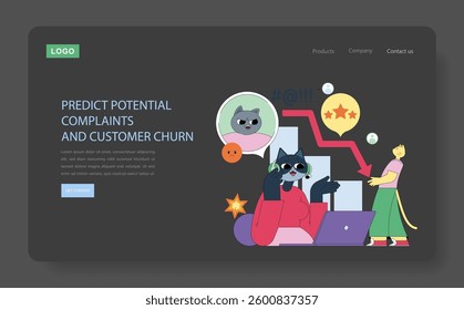 Marketing tools for predicting customer behavior and complaints. Engaging strategies to enhance user satisfaction. Visual elements include analytics, communication icons, and illustrations of