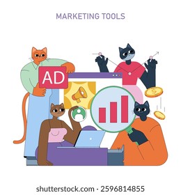 Marketing tools and strategies in a playful setting with animals. Insights into advertising, analytics, and social media integration. Engaging visuals and cooperation in digital marketing. Vector