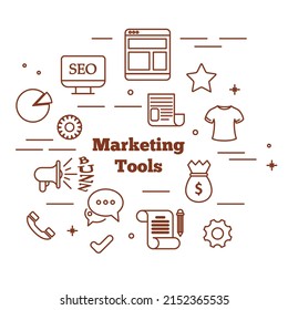 Marketing Tools, Techniques, and Strategies Outline Flat Vector Illustration