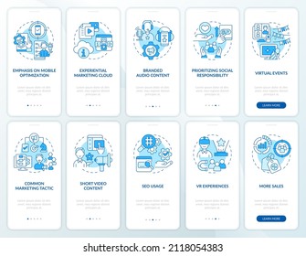 Marketing trends blue onboarding mobile app screen set. Business walkthrough 5 steps graphic instructions pages with linear concepts. UI, UX, GUI template. Myriad Pro-Bold, Regular fonts used