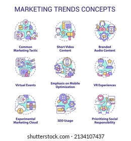 Marketing trends concept icons set. Current channels to promotion business. Customer engaging idea thin line color illustrations. Isolated symbols. Roboto-Medium, Myriad Pro-Bold fonts used