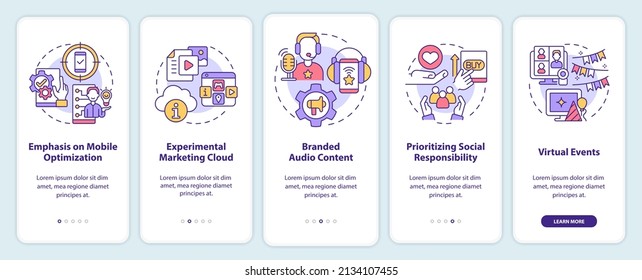 Marketing trends examples onboarding mobile app screen. Channels walkthrough 5 steps graphic instructions pages with linear concepts. UI, UX, GUI template. Myriad Pro-Bold, Regular fonts used