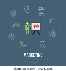 marketing trendy UI flat concept with simple line icons. Contains such elements as call to action, promotion, marketing plan, marketing strategy and more