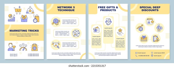 Marketing Tricks Yellow Brochure Template. Brand Loyalty. Leaflet Design With Linear Icons. Editable 4 Vector Layouts For Presentation, Annual Reports. Arial-Black, Myriad Pro-Regular Fonts Used