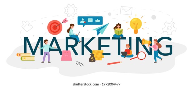 Marketing typographic header. Business promotion educational school course, customer communication and product advertising through social networks. Flat vector illustration
