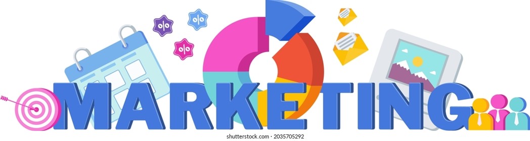 Marketing Typography flat vector illustration. Strategy, management. Segmentation, target audience. Successful positioning of company in market. Dark violet background.