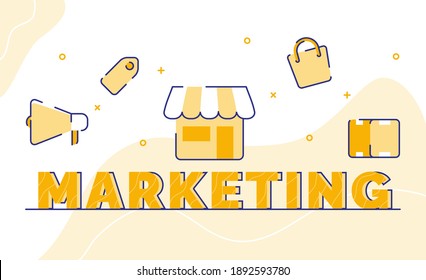 marketing typography word art background of icon speaker store shopping bag price label with outline style
