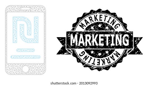 Marketing unclean stamp seal and vector shekel mobile account mesh model. Black stamp includes Marketing caption inside ribbon and rosette. Abstract 2d mesh shekel mobile account,