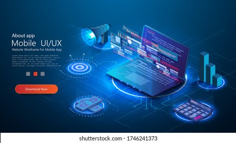 Marketing Vector Business Illustration In Isometric Design. Marketing E-commerce, Data Analysis Tool. Digital Business Content, Megaphone Or Loudspeaker. Internet Technology.  Isometric Web Banner