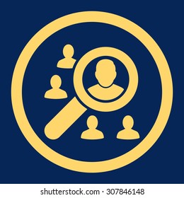 Marketing vector icon. This rounded flat symbol is drawn with yellow color on a blue background.