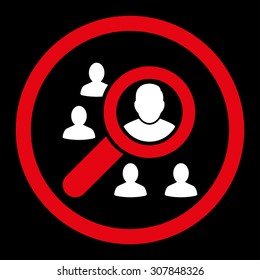 Marketing vector icon. This rounded flat symbol is drawn with red and white colors on a black background.