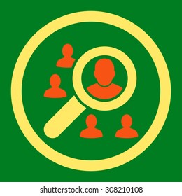 Marketing vector icon. This rounded flat symbol is drawn with orange and yellow colors on a green background.