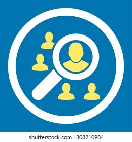 Marketing vector icon. This rounded flat symbol is drawn with yellow and white colors on a blue background.