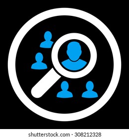 Marketing vector icon. This rounded flat symbol is drawn with blue and white colors on a black background.