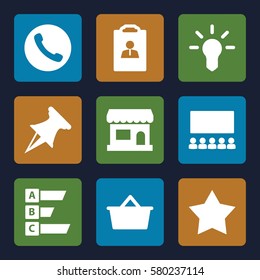 Marketing vector icons. Set of 9 Marketing filled icons such as resume, bulb, statistic, classroom, star, store, shopping bag, pin