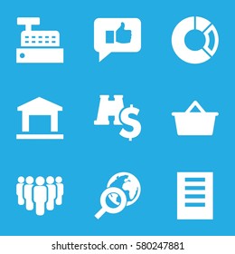 Marketing vector icons. Set of 9 Marketing filled icons such as thumb up, pie chart, group, document, shopping bag, building, globe search