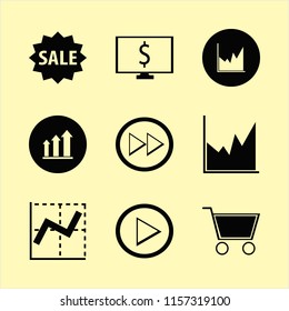 marketing vector icons set. with graph, right arrow, growing graph and shopping cart in set