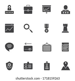 Conjunto de iconos vectoriales de marketing, colección moderna de símbolos sólidos, paquete pictograma de estilo relleno. Señales, ilustración del logotipo. Set incluye iconos como contraseña, portafolio, retroalimentación, pantalla de presentación, identificador