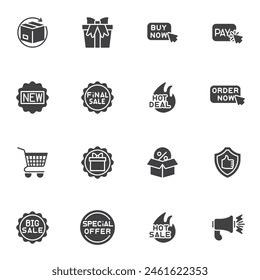 Marketing Vektor-Icons Set, moderne solide Symbol-Kollektion, gefüllte Stil Piktogramm-Pack. Schilder, Logo-Illustration. Set enthält Symbole wie Werbung und Promotion, Sonderangebotsabzeichen, Verkaufsticker