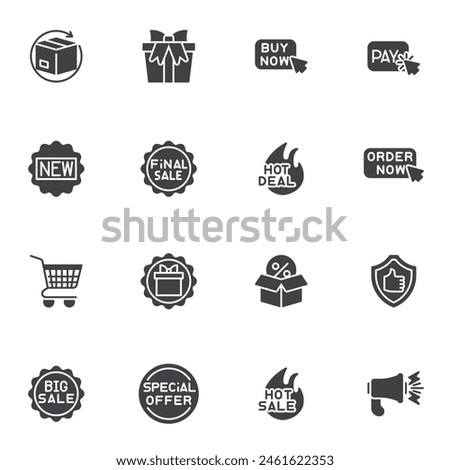 Marketing vector icons set, modern solid symbol collection, filled style pictogram pack. Signs, logo illustration. Set includes icons as advertising and promotion, special offer badge, sale sticker