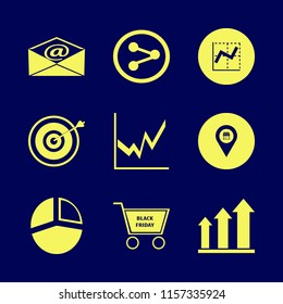 marketing vector icons set. with share sign, pie chart, growing graph and shopping cart in set