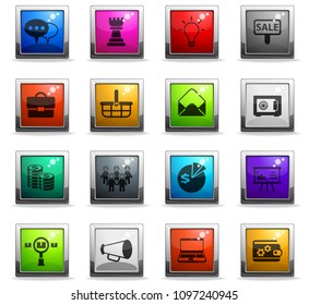 marketing vector icons in square colored buttons for web and user interface design