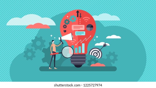 Marketing vector illustration. Business popularization symbols flat banner. Strategy to improve company relationship with customer to get more profit, stronger loyalty, better feedback and recognition