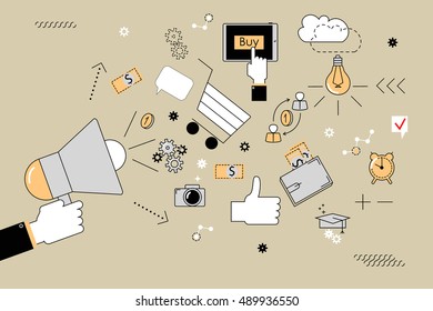 Marketing. Vector illustration of style flat line. Hand holding a megaphone and different icons for digital marketing concepts.