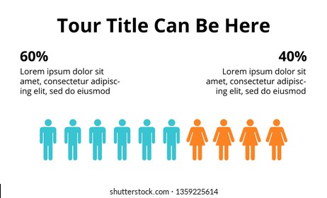 Marketing vector infographic slide template. Target audience by gender. Male female targeting percents. Human silhouette. Market strategy.