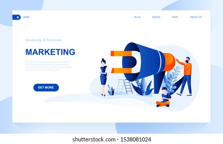 Marketing vector landing page template with header. Product, merchandise promotion web banner, homepage design with flat illustrations. Management strategy. Lead generation website layout