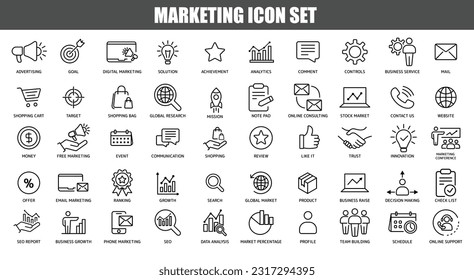 Marketing Vector line icon set of advertise, goal, target, shopping, research, mission, review, innovation, growth, data analysis and more. Collection of modern icon and pictogram.