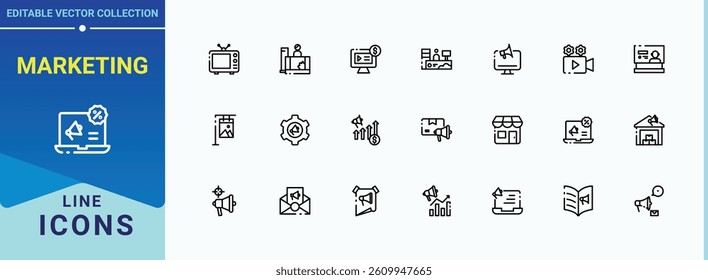 Marketing vector line icon set. Includes thin line symbols business, market, promotion, digital marketing and more. Advertising related icon set. Icons for website. Pixel perfect. Editable stroke.
