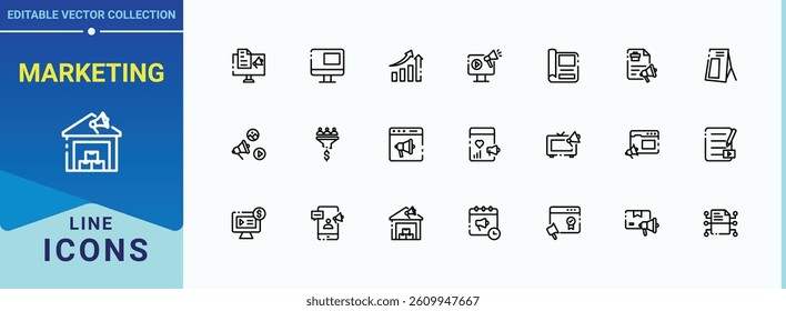 Marketing vector line icon set. Includes thin line symbols business, market, promotion, digital marketing and more. Advertising related icon set. Icons for website. Pixel perfect. Editable stroke.
