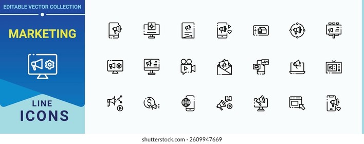 Marketing vector line icon set. Includes thin line symbols business, market, promotion, digital marketing and more. Advertising related icon set. Icons for website. Pixel perfect. Editable stroke.