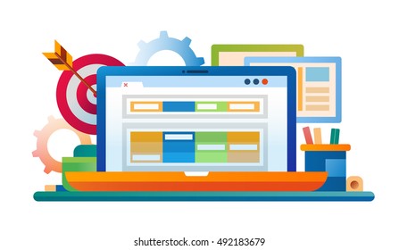 Marketing - vector modern flat design illustration with laptop, work place, darts
